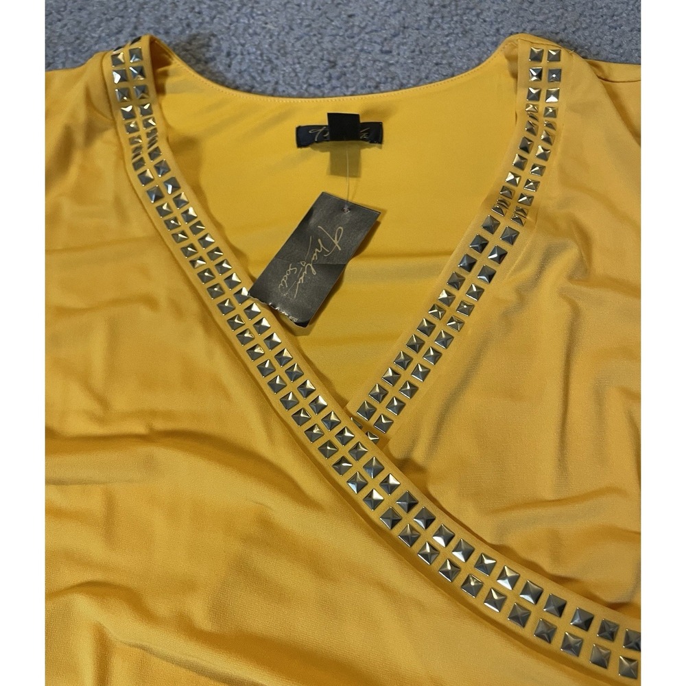 Thalia Sodi Studded Faux Wrap Dress L Yellow Gold Side Ruched  Slanted Hem Party - Picture 6 of 16